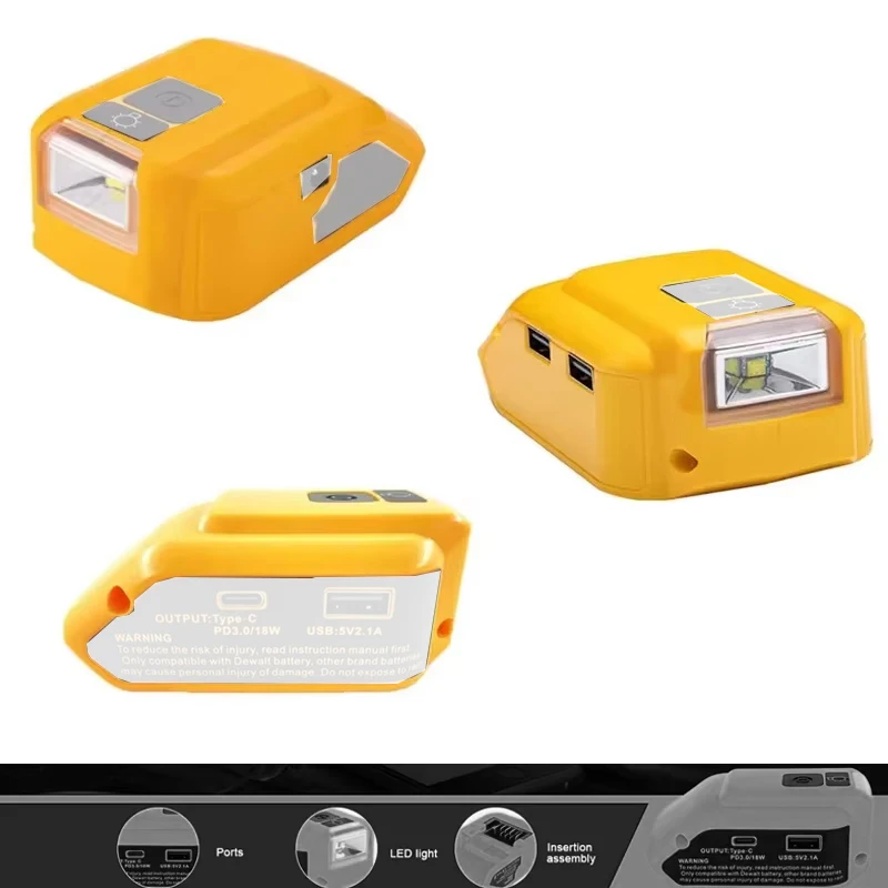 

Portable Power Converter USB Adapter with 140lm LED Work Light for Dewalt 18V 20V Li-ion Battery with USB Type-C DC 12V