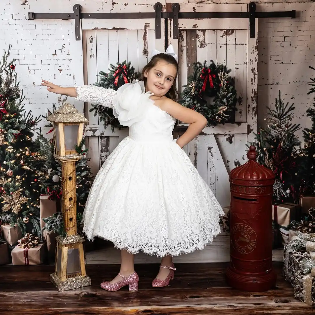 

Princess Lace Flower Girl Dresses for Wedding One Shoulder 3D Floar Kids First Communion Birthday Party Ball Gowns Custom