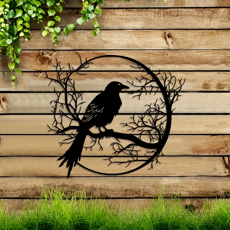A Metal Wall Decoration Depicting a Crow Perched on a Tree Branch, Perfect for Farmhouse And Outdoor Settings