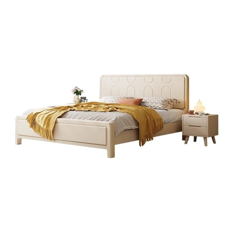 Cama de almacenamiento de madera maciza color blanco crema, 1,8 metros, dormitorio principal doble, cama de matrimonio simple be d