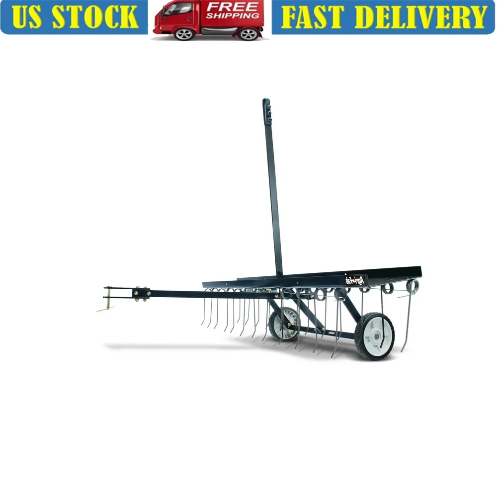 

48 Inch Dethatcher Tow Behind Lawn Groomer with 24 Tines Weight Tray Effective Thatch Removal Universal Hitch Easy Transport