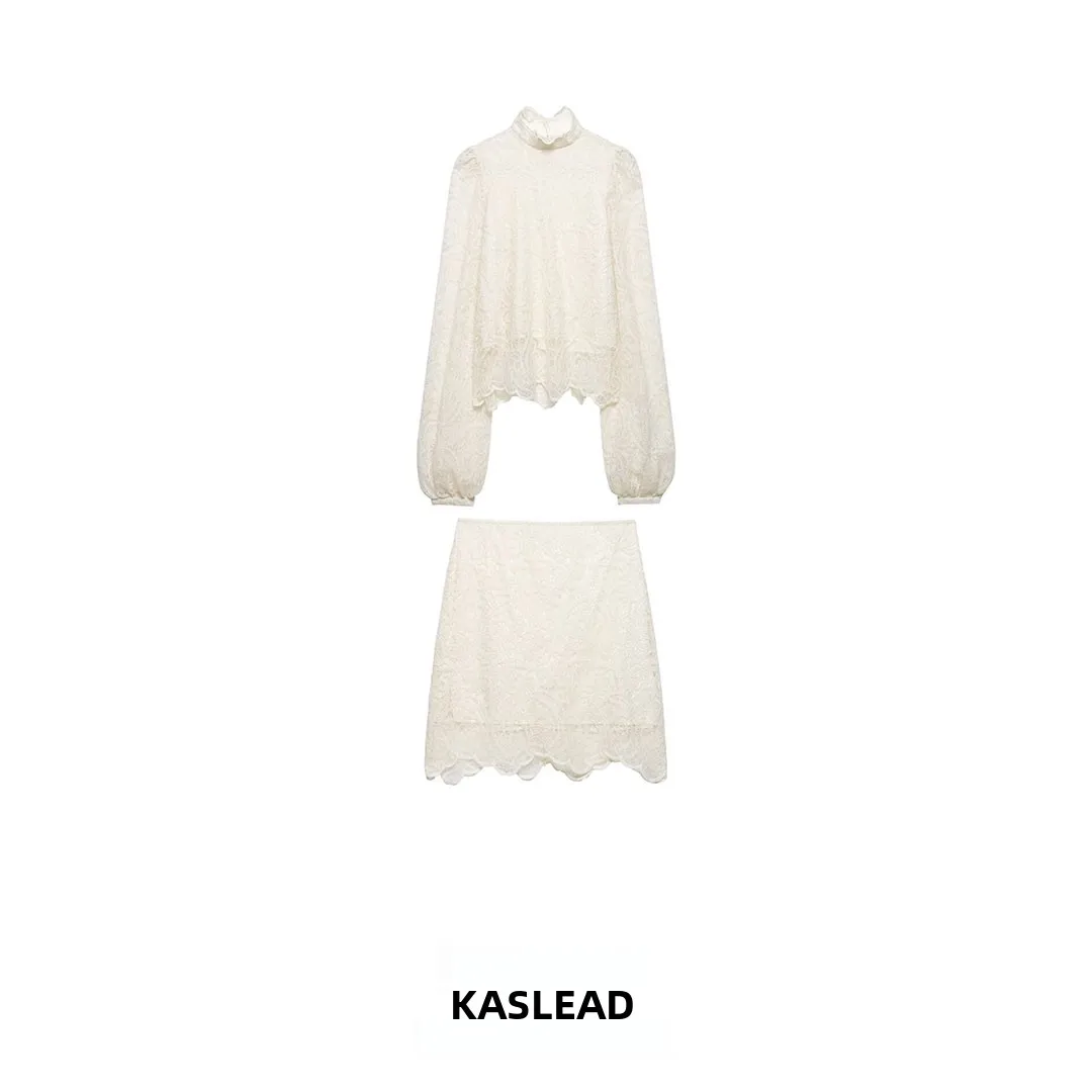 KASLEAD New Women's Fashion Set with Lace Long Sleeve Small Stand Collar Top And Half Skirt Autumn Collection Two-Piece Suit