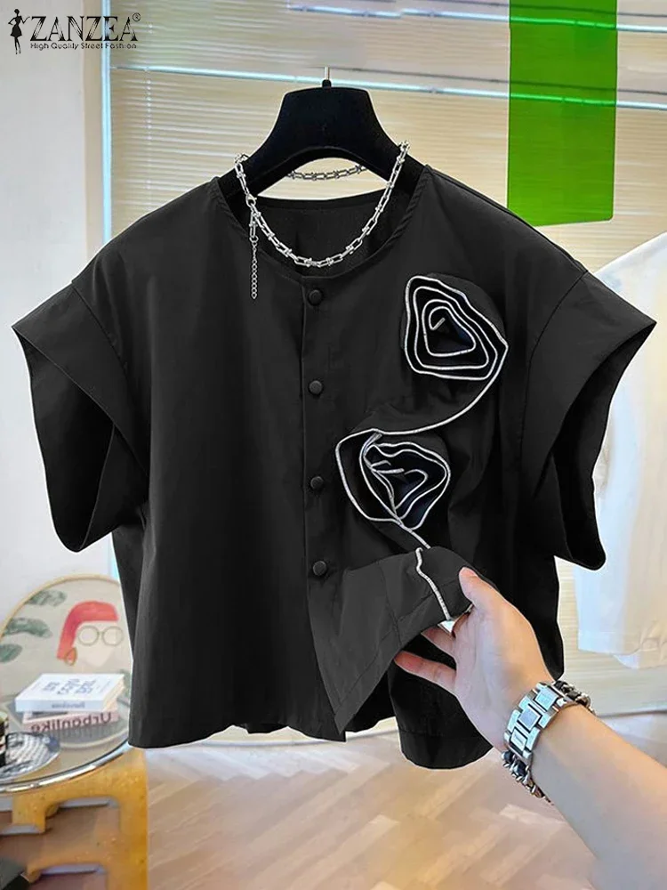 ZANZEA 2025 بلوزات الصيف النساء ثلاثية الأبعاد الزهور قمصان قصيرة الأكمام Blusas شيك الجولة الرقبة قمصان عادية فضفاض Colorblock القمم