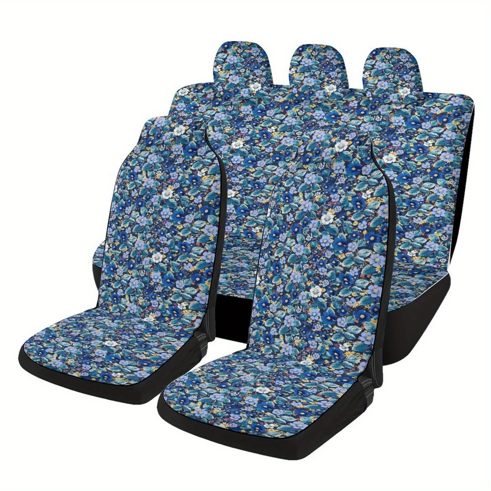 

7pcs Car Interior Covers, Breathable And Non-Slip, Suitable For Five- Cars, Featuring A Natural Blue Floral Design.