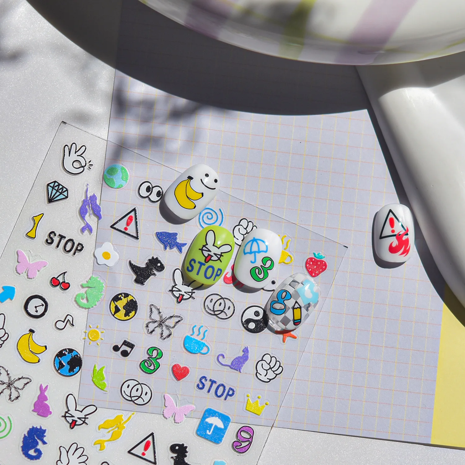 Hans frutas animais peixe número olho tempo estrela coroa padrão guindaste de papel lápis dinossauro coração arte do prego adesivos manicure decalques