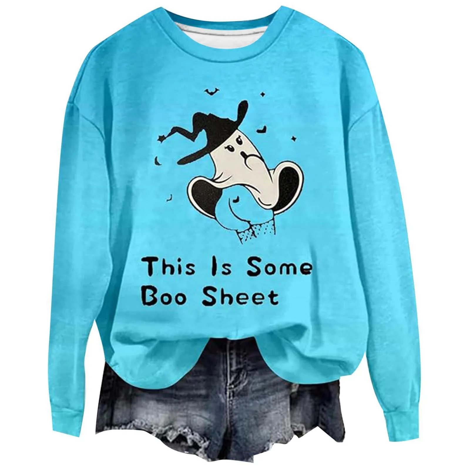 The Ghost'S Skirt Was Blown Up Fun Print Hoodies Halloween Women'S Crew Neck Sportswear Long Sleeve Hoodless Pullover Sweatshirt