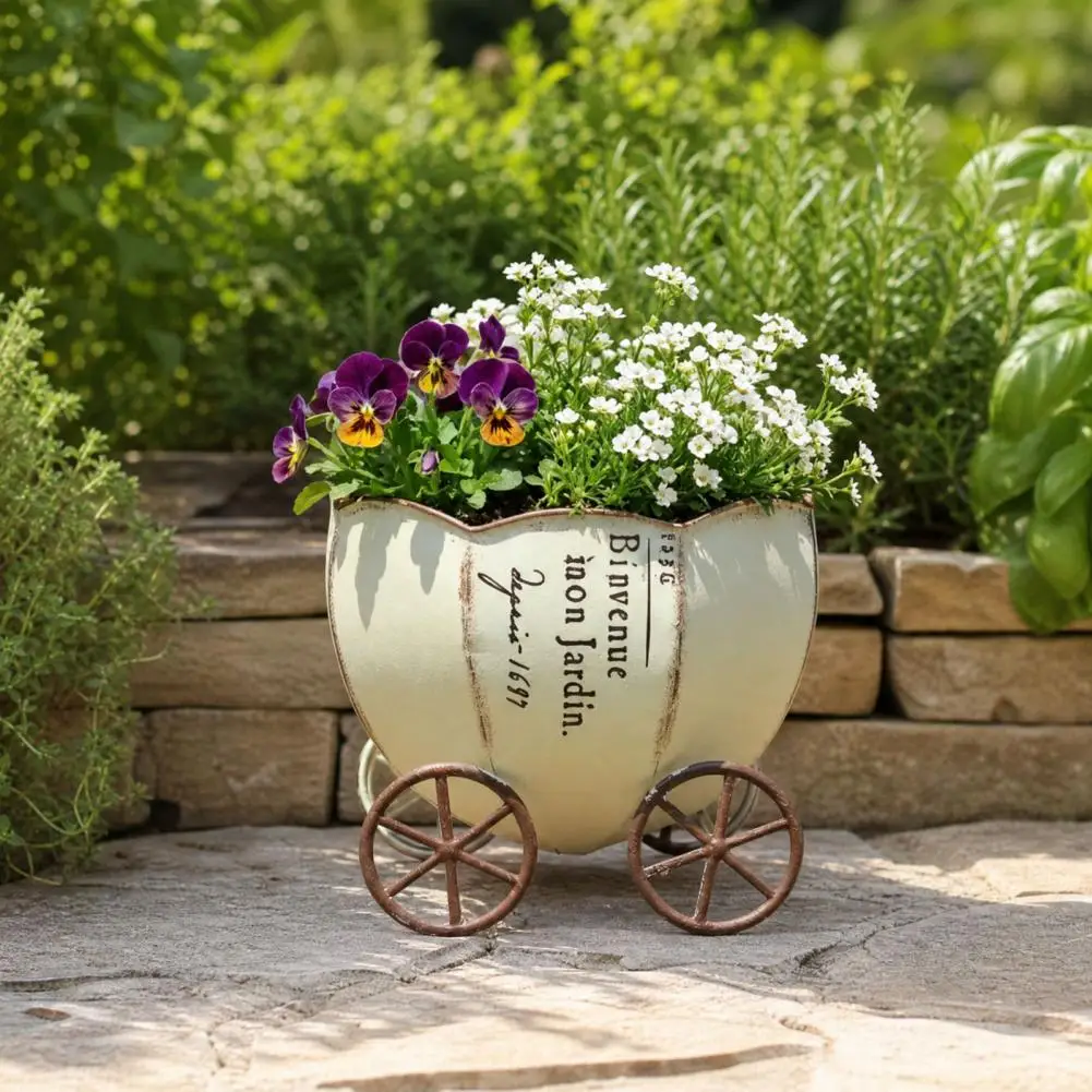 Unbreakable Planter Retro Pumpkin Cart Planter Decorative Metal Flowerpot with Drainage Hole Stylish Indoor Outdoor for Home