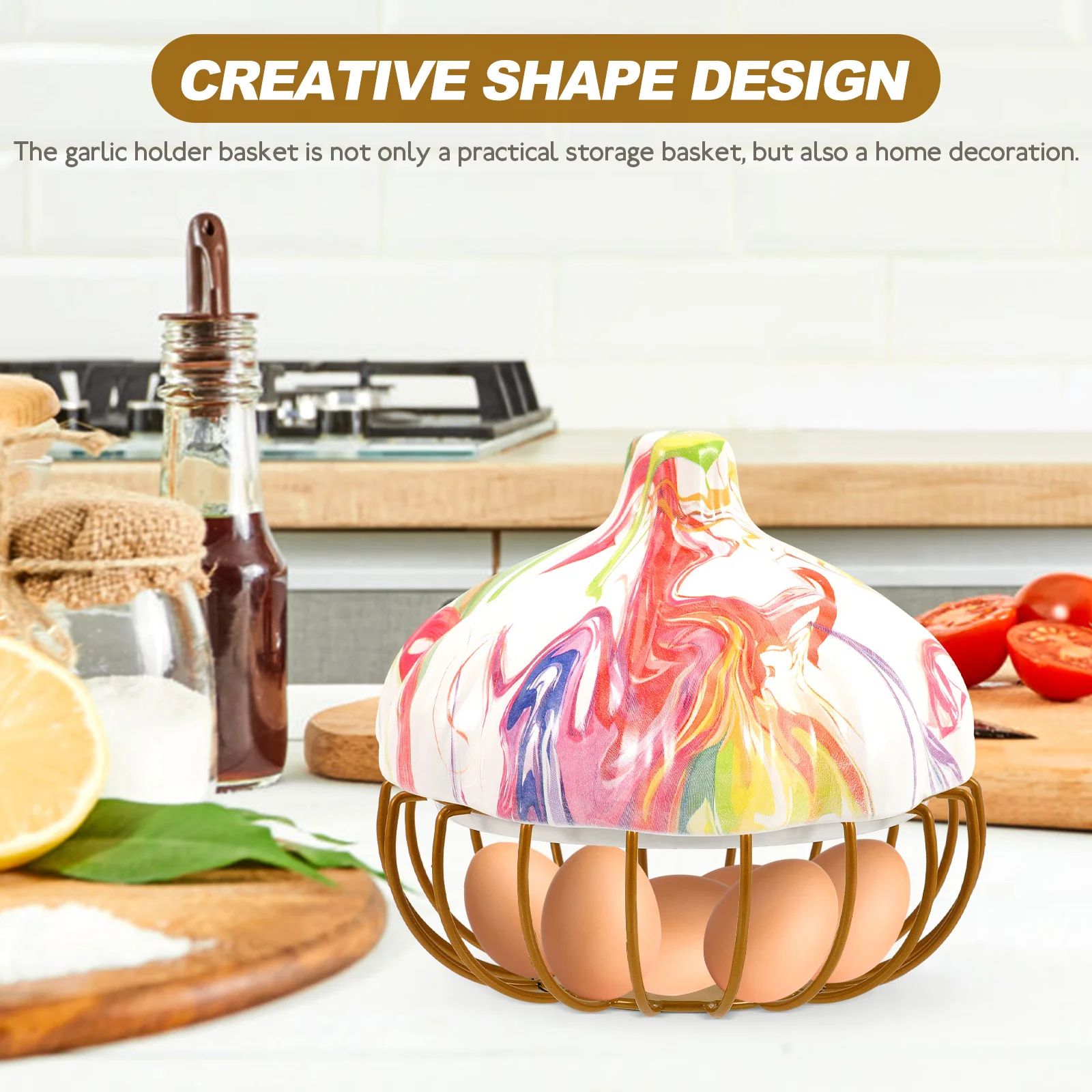 

Garlic Shape Storage Basket with Ceramic Lid Rustproof Iron Egg Fruit Bowl Multi-Function Countertop Organizer Kitchen Home