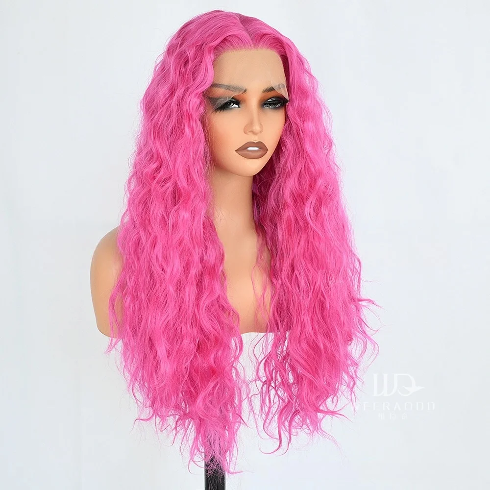 28 Inch Water Wave Lace Front Wig Rose Pink Glueless Synthetic Wig Heat Resistant Hair 13x4 Lace 150% Density Cosplay Party Wig