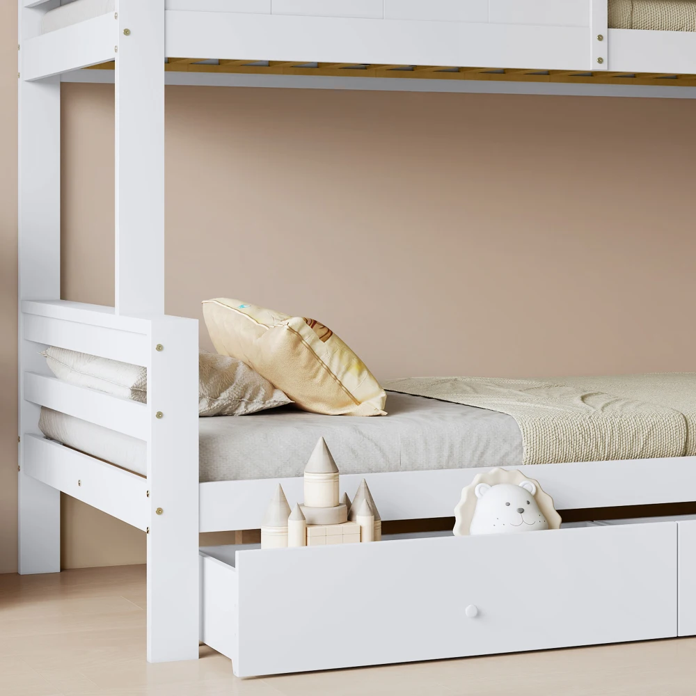 PINGGO Weißes Etagenbett Mutter-Kind-Bett Charakteristische Fenster 4-Stufige Rutsche 2 Schubladen Massivholzrahmen Ohne Matratze – Detail 17