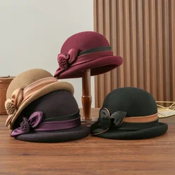 Ladies Four Seasons Fashion Elegant Small Top Hat Outdoor Outing Shopping Party Flowers Elegant Basin Hat Temperament Wool Beret