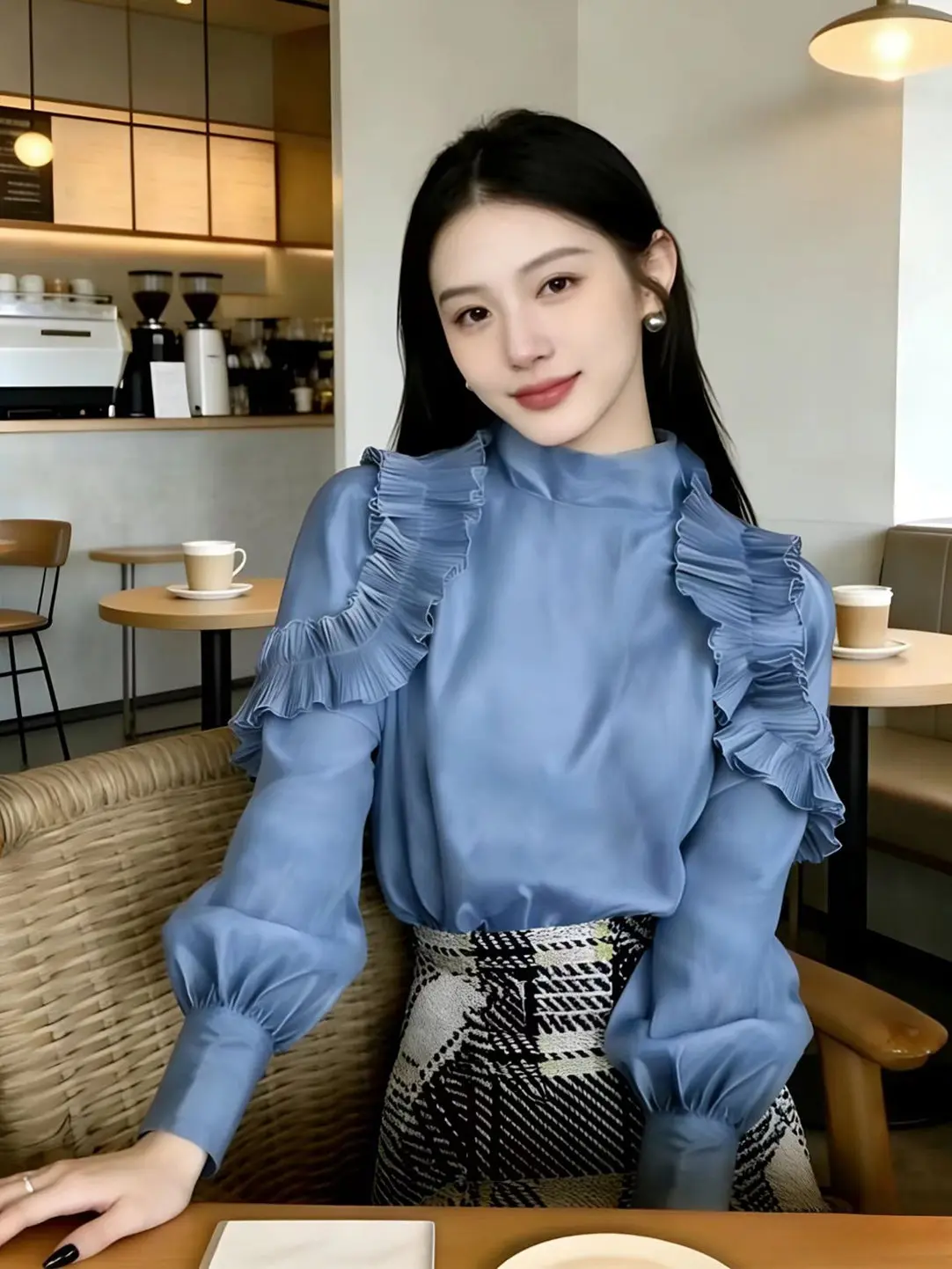 

Blue Fashionable Stand Collar Women's Shirt Spring 2026 New Style Embellished Design Polyester Fiber Long Sleeve Knot
