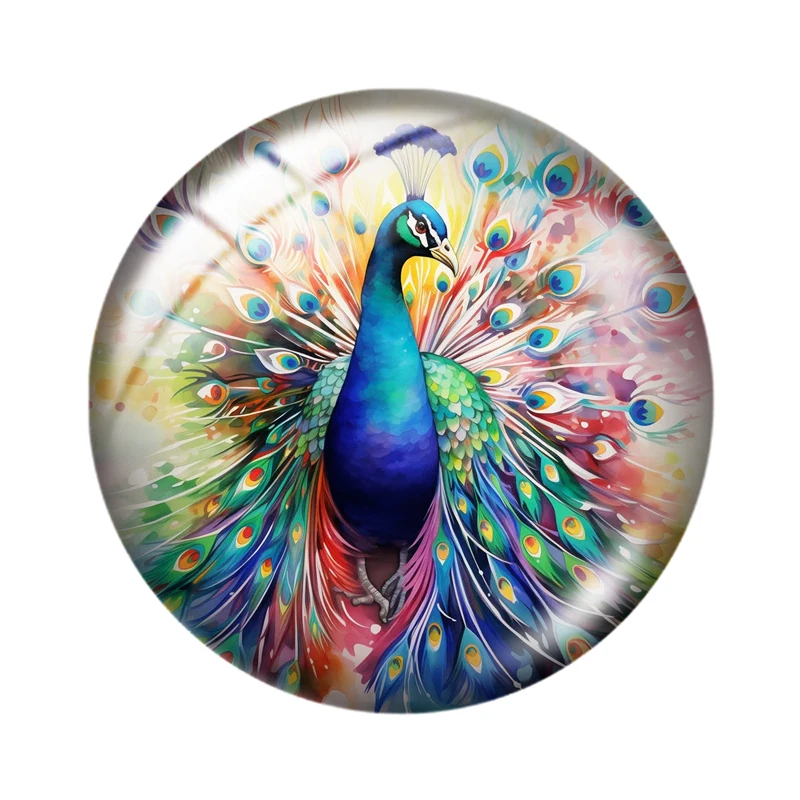 Watercolor Peacock Bird 12mm/18mm/20mm/25mm Round photo glass cabochon demo flat back Making findings