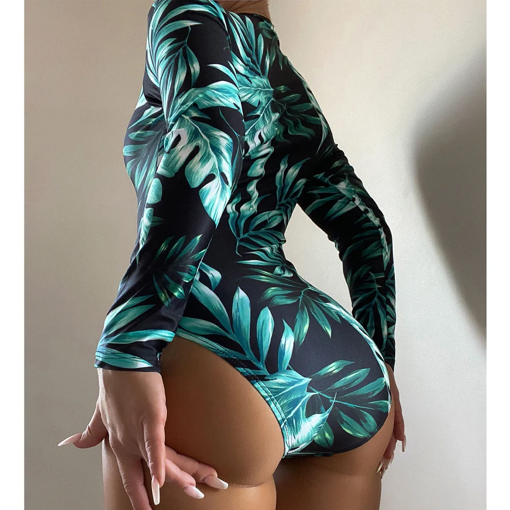 VigoBeviya 2024 Sexy Print Long Sleeve Swimwear Women High Cut Push Up One Piece Swimsuit Monokini Summer Beach Bathing Suit