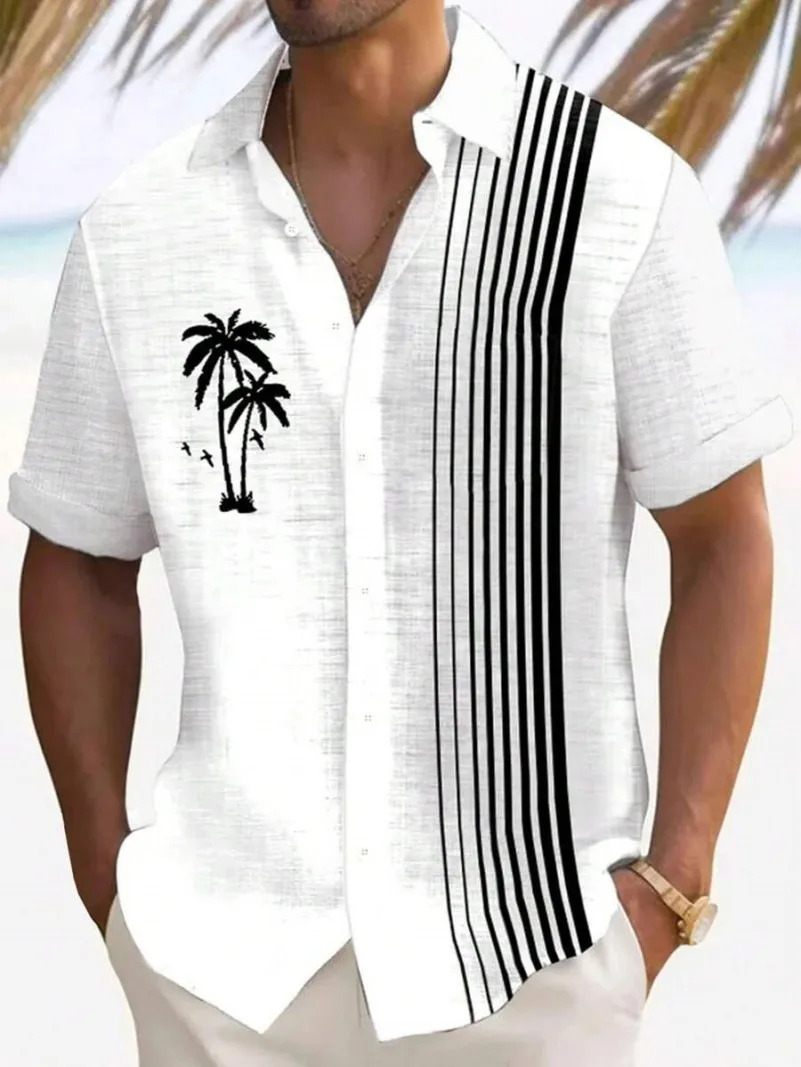 

Summer Men's Casual Palm Tree Print Shirt Vertical Stripe Short Sleeve Button Up Beach Vacation Top