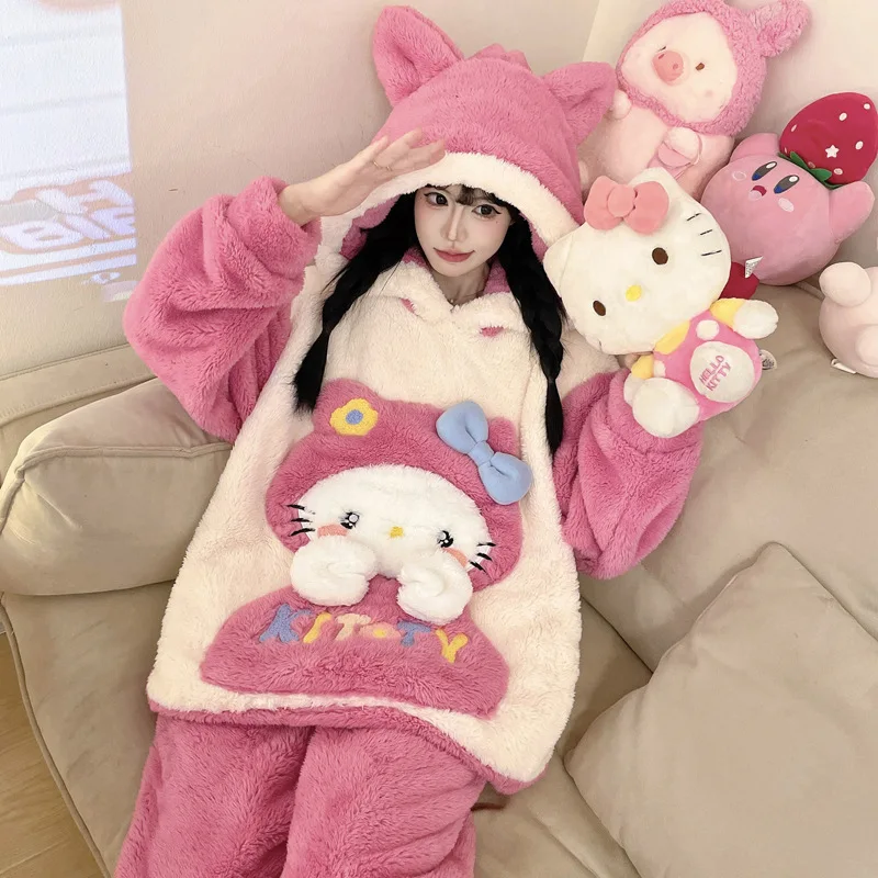 

Anime Hello Kitty Pajamas Suit Women's Autumn Winter Homewear Cartoon Melody Coral Velvet Plus Velvet Thickening Loungewear Set