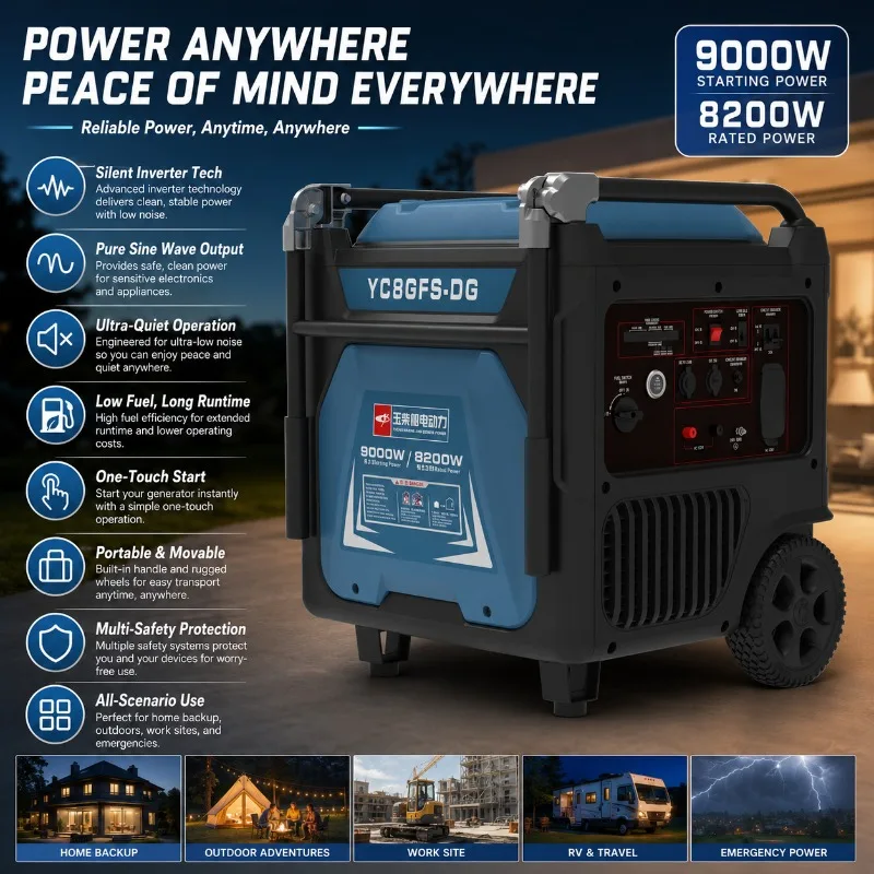 Inversor Mini Tipo 650W de Doble Combustible, Motor de 18hp, 7.5 Kva, 5kw, 6kw, 7kw, Mini Generador Portátil de Bajo Precio, 10000 Watts