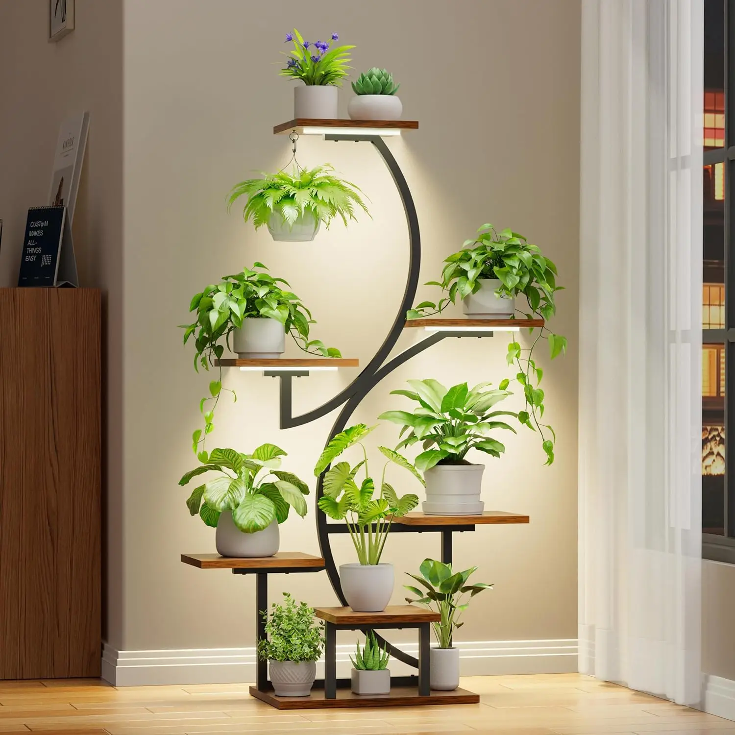 7-Tier Plant Stand with Grow Lights, Corner Shelf for Indoor Plants, Tall S-Shaped Display Rack, Black