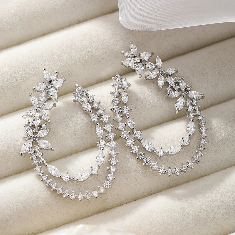 SENYU Jewelry Elegance Purple,Pink Marquise Cubic Zirconia Women Big Earrings Cute Flower Wreath Wedding Bridal Earrings Gifts