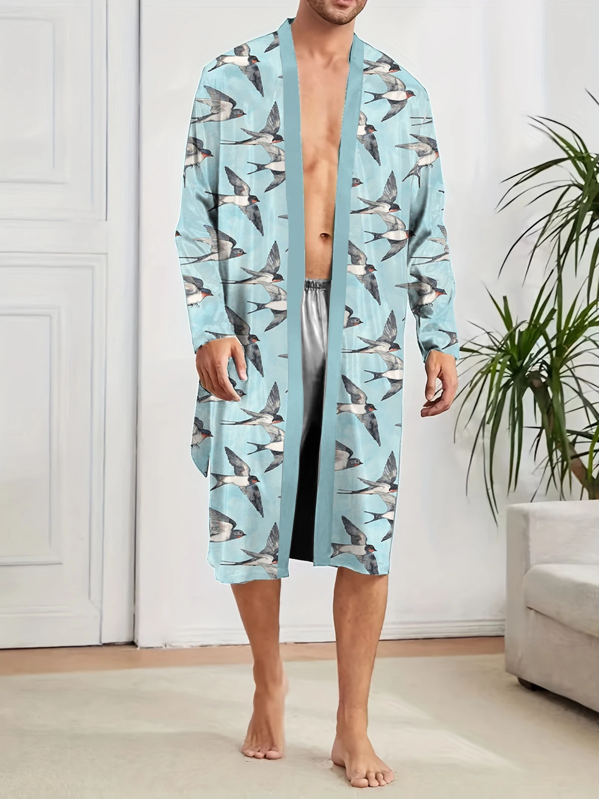 

Весенне-осенний мужской спальный халат с цифровым принтом и ласточкой, домашний тонкий стиль, модный повседневный халат, быстросохнущий