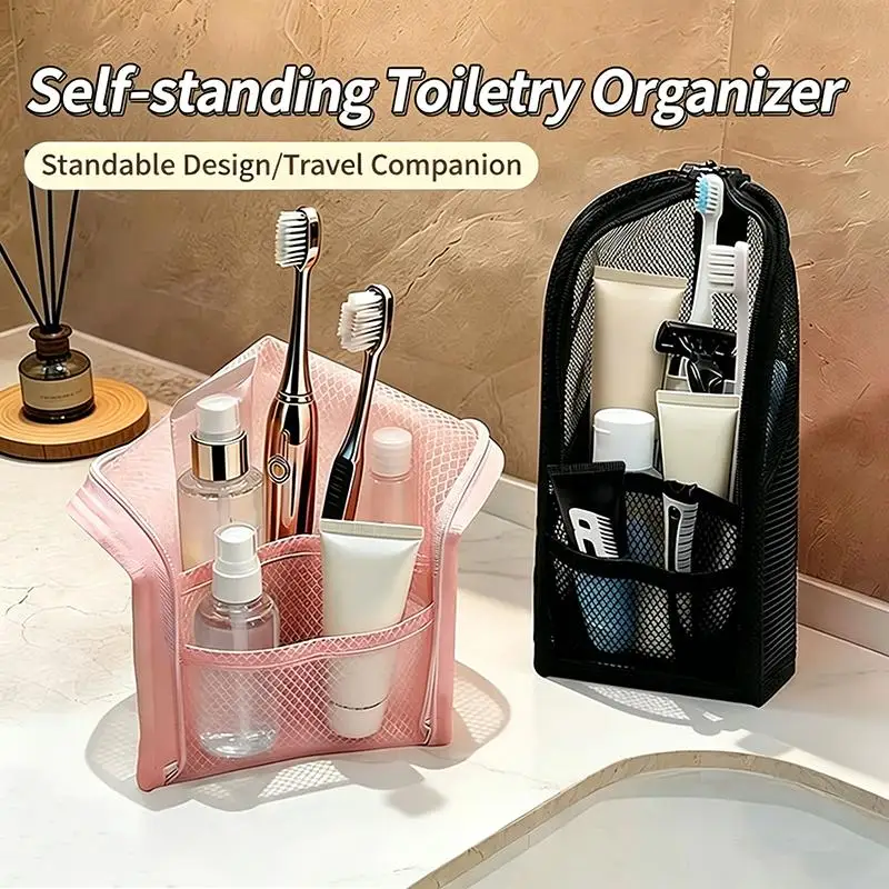 Wasserdichte, selbststehende Kosmetiktasche mit großer Kapazität und mehreren Netztaschen für Reisen – Detail 8