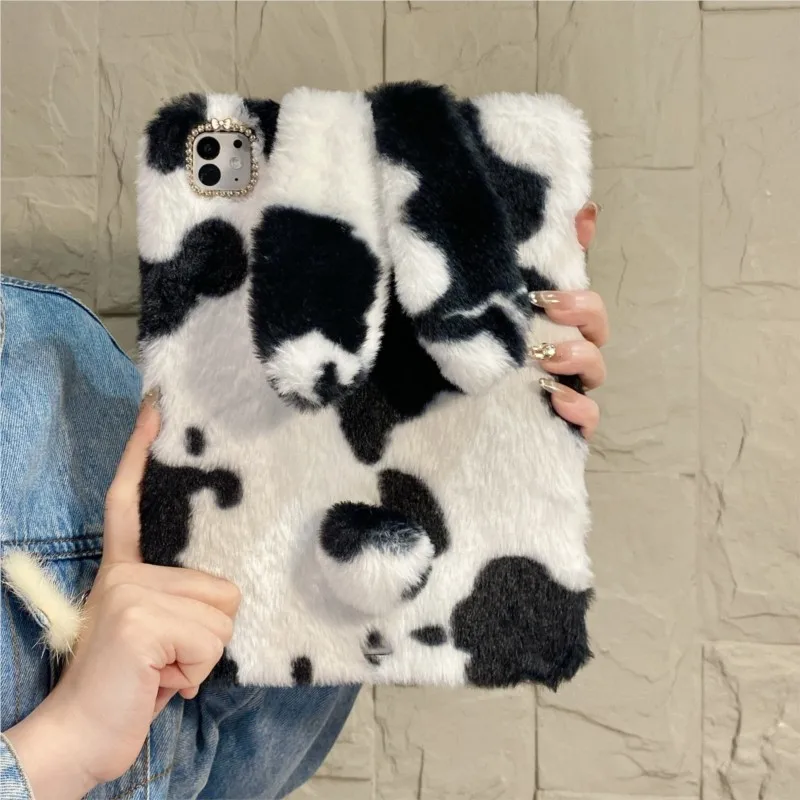 Fluffy Cow Print Tablet Case For iPad 7/8/9th 10.2in Air4/5 10th Gen 10.9in Pro 11inch A16/A19 M4 2026 with Pen Holder Cover