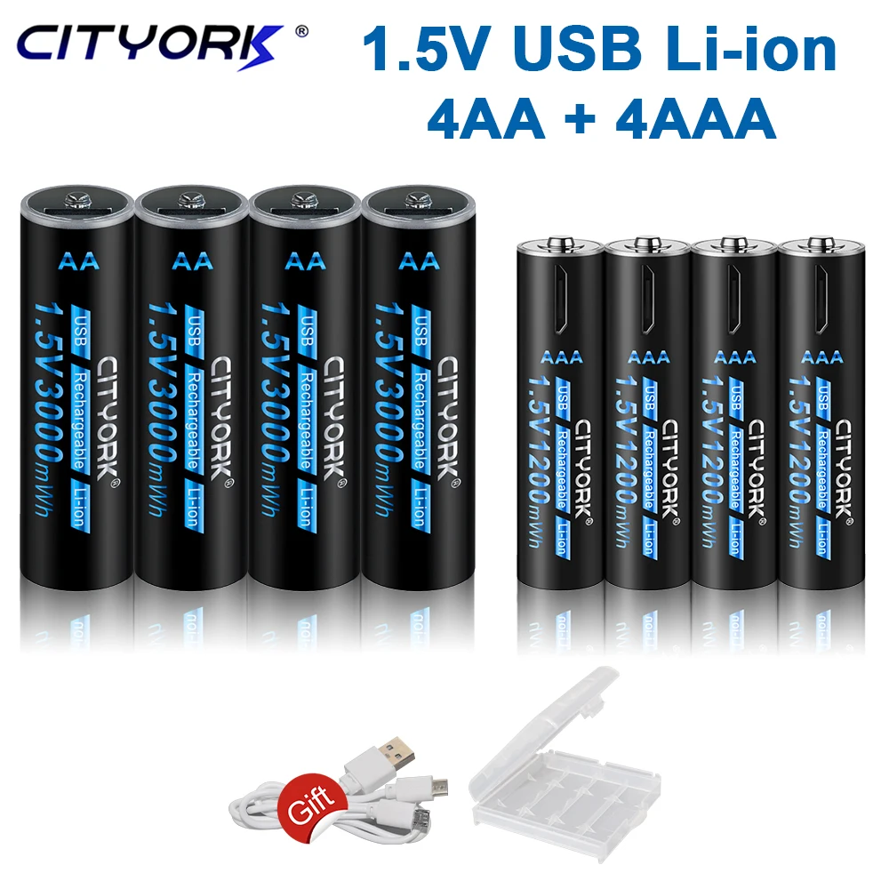 CITYORK 1.5V USB akumulator litowo-jonowy AA + akumulatory AAA AAA 1200mWh AA 3000mWh litowo 1.5v AA AAA bateria z USB kabel