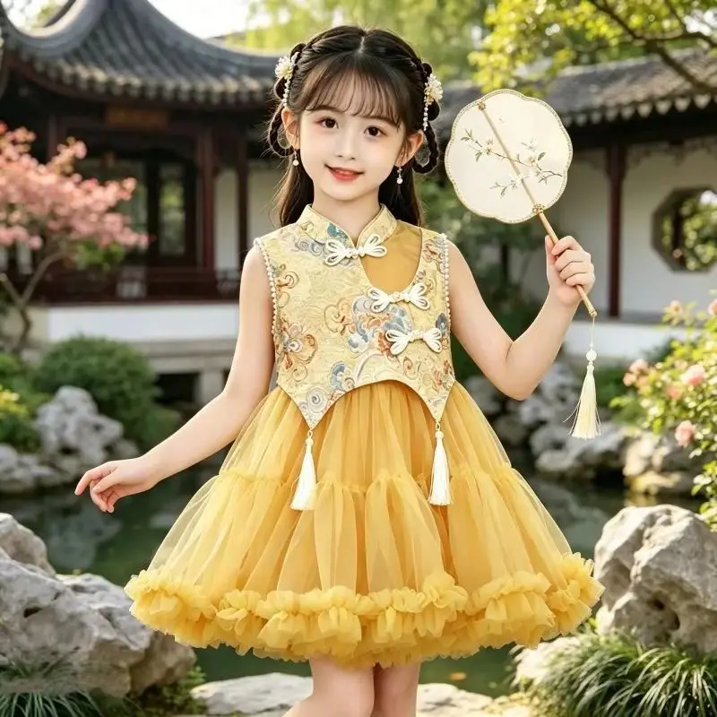 Girls' Princess Dress Summer New Style Children's Light Luxury High End Dress New Chinese Style Puff Skirt