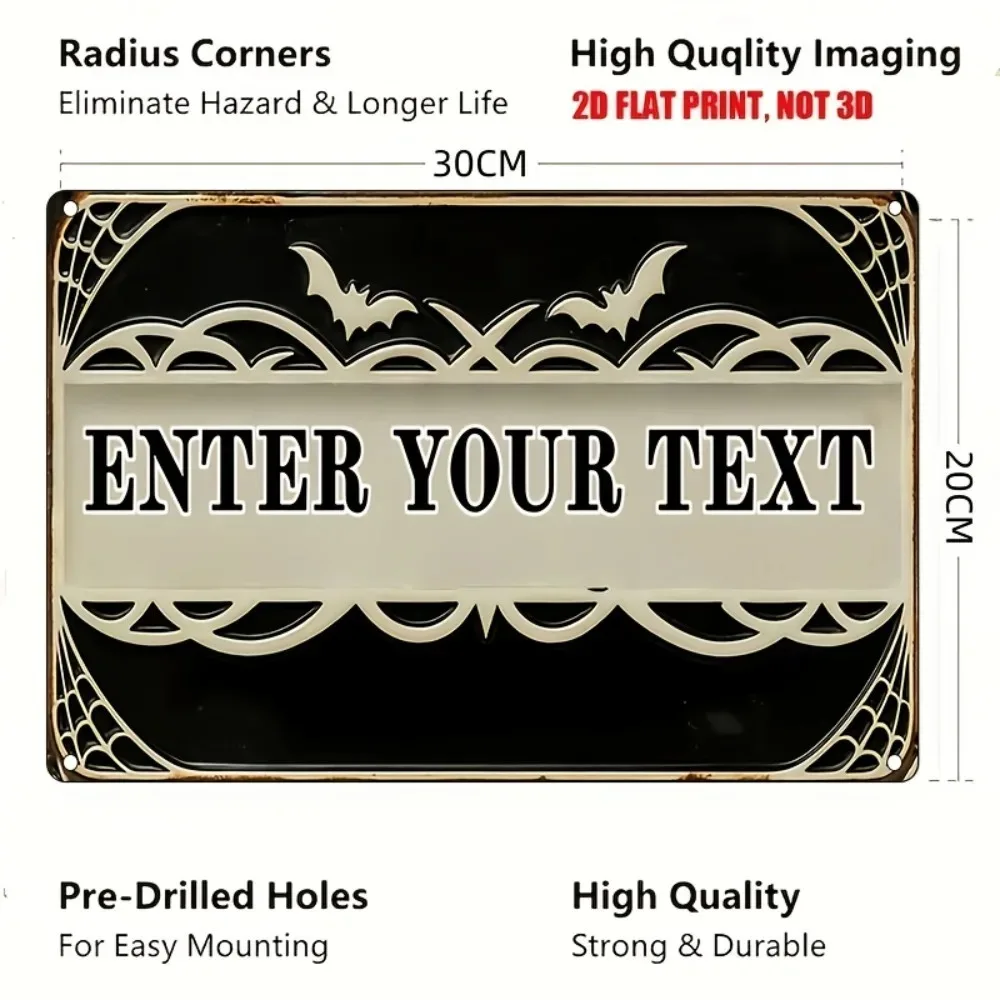 CIFbuy 2D Flat Custom Gothic Halloween Tin Sign,Personalized Bat Spiderweb Plaque Custom Text 8x12in Home Gift Decor