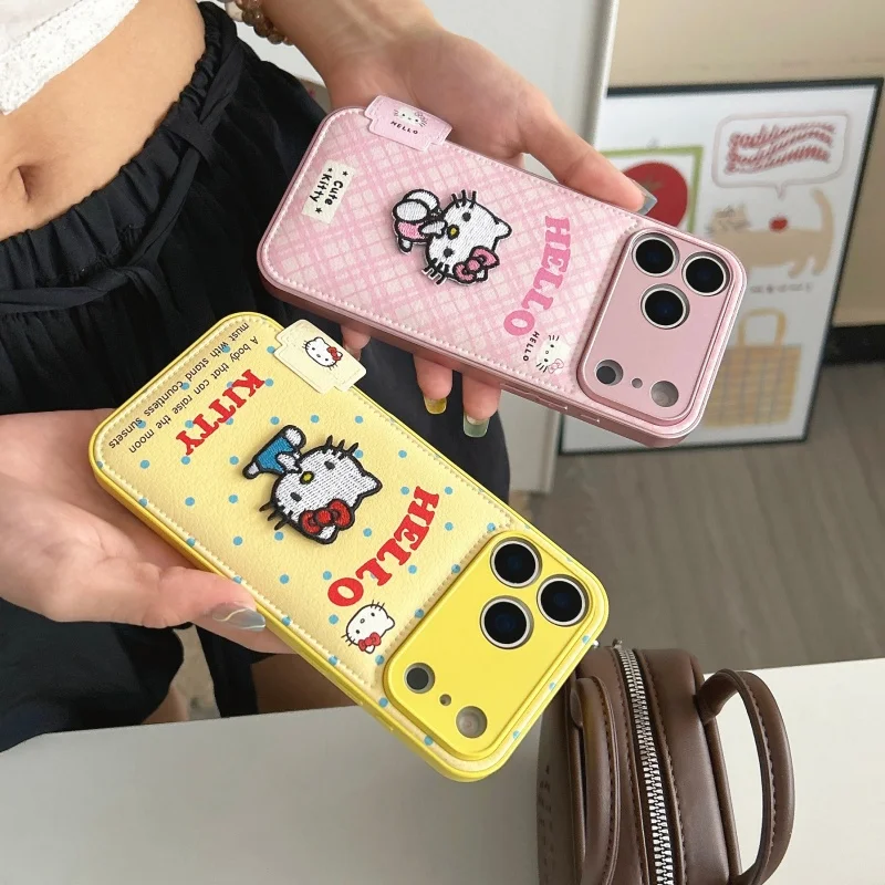 

Luxury Cute Hello Kitty Cat lattice Polka Dots Soft silicone leather Phone Case For iPhone 13 14 15 16 17 Pro Max 17Pro Cover