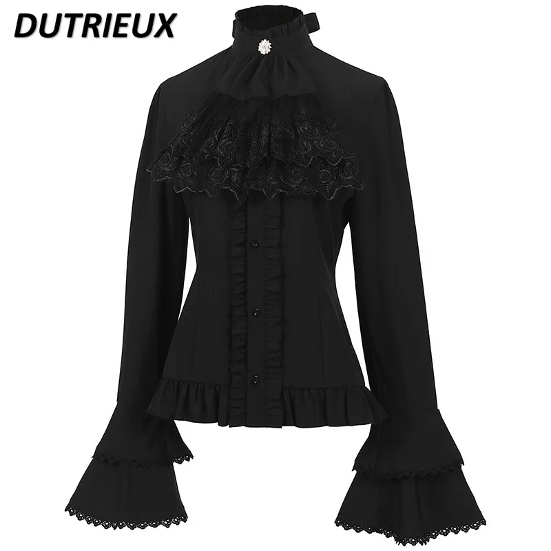 Spring Autumn Wmen's Tops Lolita Style Japanese Subculture Gothic Casual Elegant Blouses Punk Versatile Stand-Up Collar Shirt