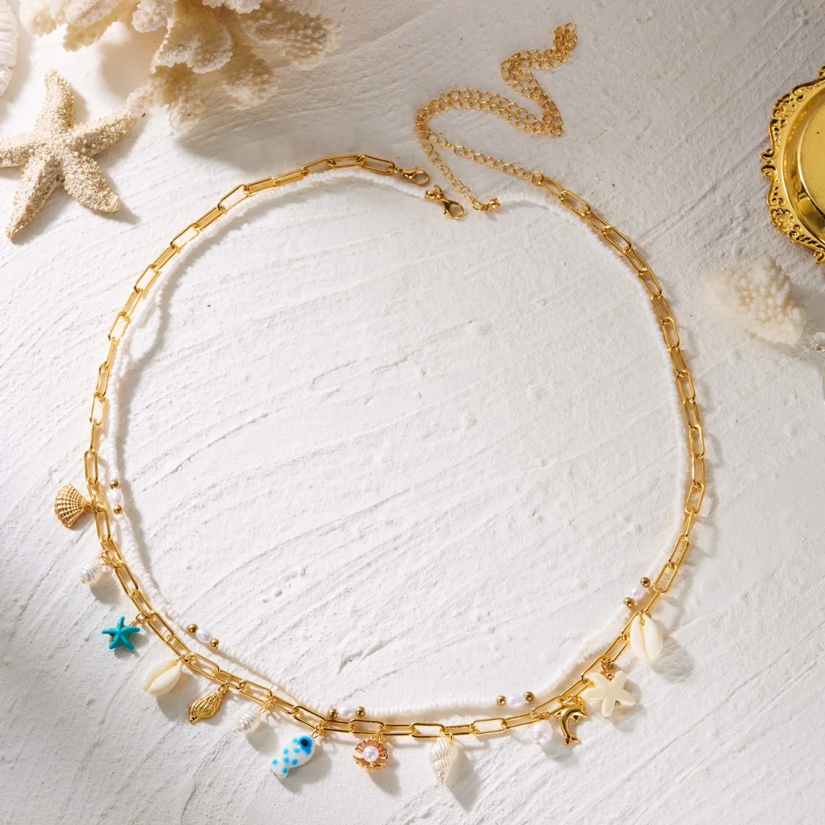 Acryl-Seestern-Muschel-Keramik-Fisch-Reisperlen-Taillenkette für Damen und Herren, doppellagige Delfin-Körperkette, böhmischer Körperschmuck – Detail 17