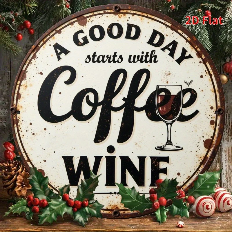 [مسطح [مسطح] قطعة واحدة من لافتة معدنية عتيقة للقهوة والنبيذ - ديكور حائط دائري مقاس 7.8 بوصة مع "يبدأ يوم جيد مع القهوة، ينتهي مع النبيذ" ديسي