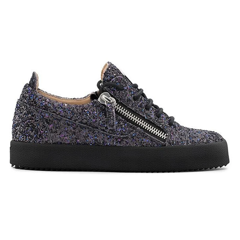 Fashion Men Bling Sequins Sneakers Double Zipper Casual Shoes Thick Sole Male Low Top Flats Glitter Unisex Shoes Size 35- 47