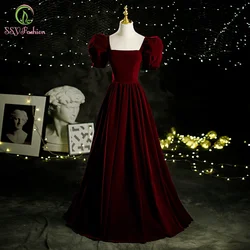 Customized  Velour Evening Dress Wine Red Classic Vintage Princess Puff Sleeve A-line Long Prom Formal Gowns for Women Vestidos