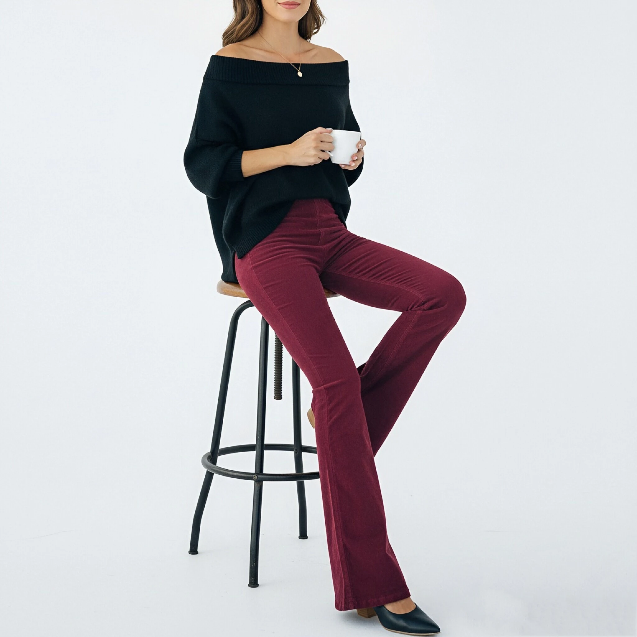 Women Trousers Women’s High Waist Flared Pants with Pockets Elastic Waist Trousers Autumn Winter Solid Color Long Pants Solid
