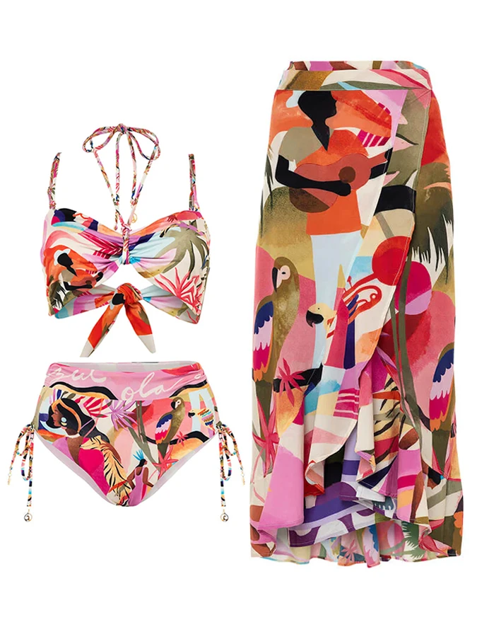 Fashion Tropical Flower And Bird Print Sexy Thin Style Lace-up Split Swimwear Bikini And Cover Up 2023 Summer Women Newest