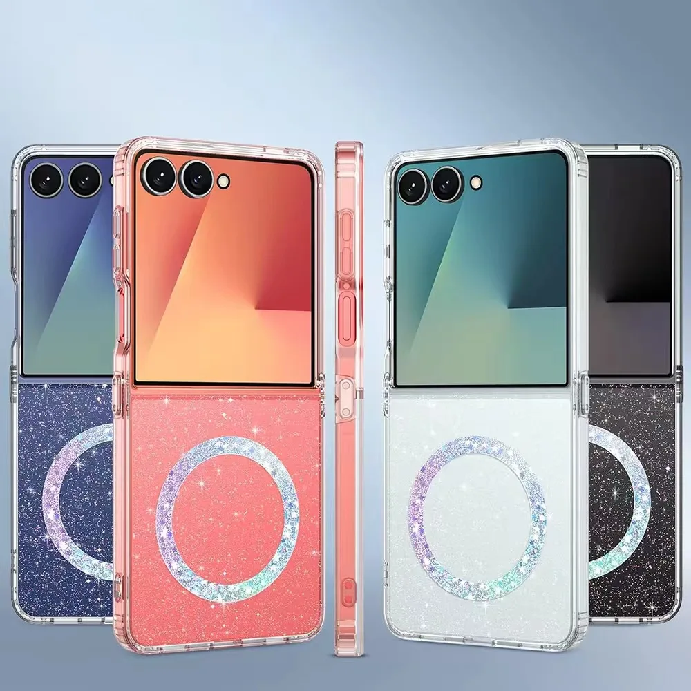 For Samsung Galaxy Z Flip 8/7/6/5/ Starry Sky Transparent Magnetic Star Circle Protect Hard Case Wireless Charging Phone Case.