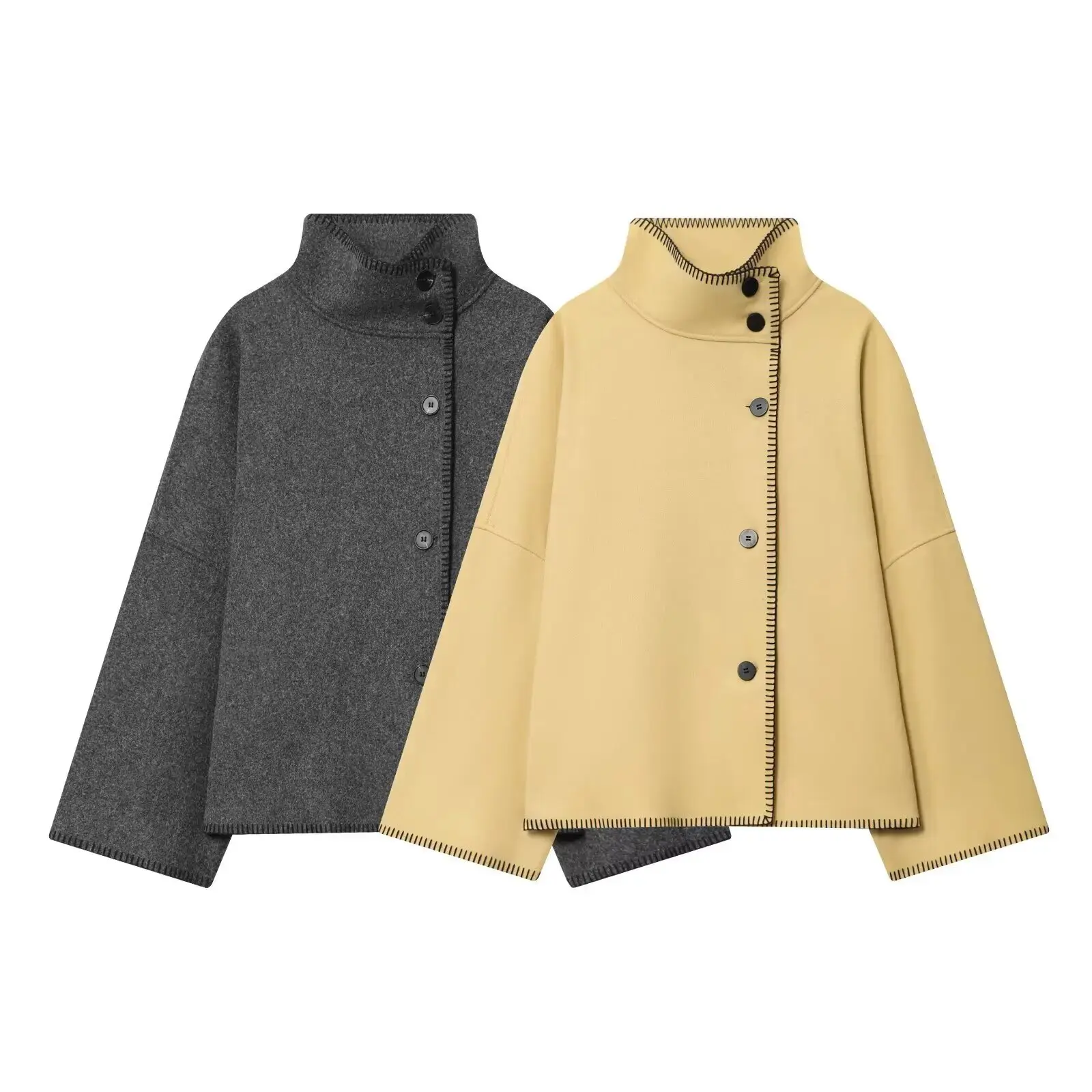 Cross-border wholesale 2025 autumn and winter new women's European and American style high-neck long-sleeved woolen jacket