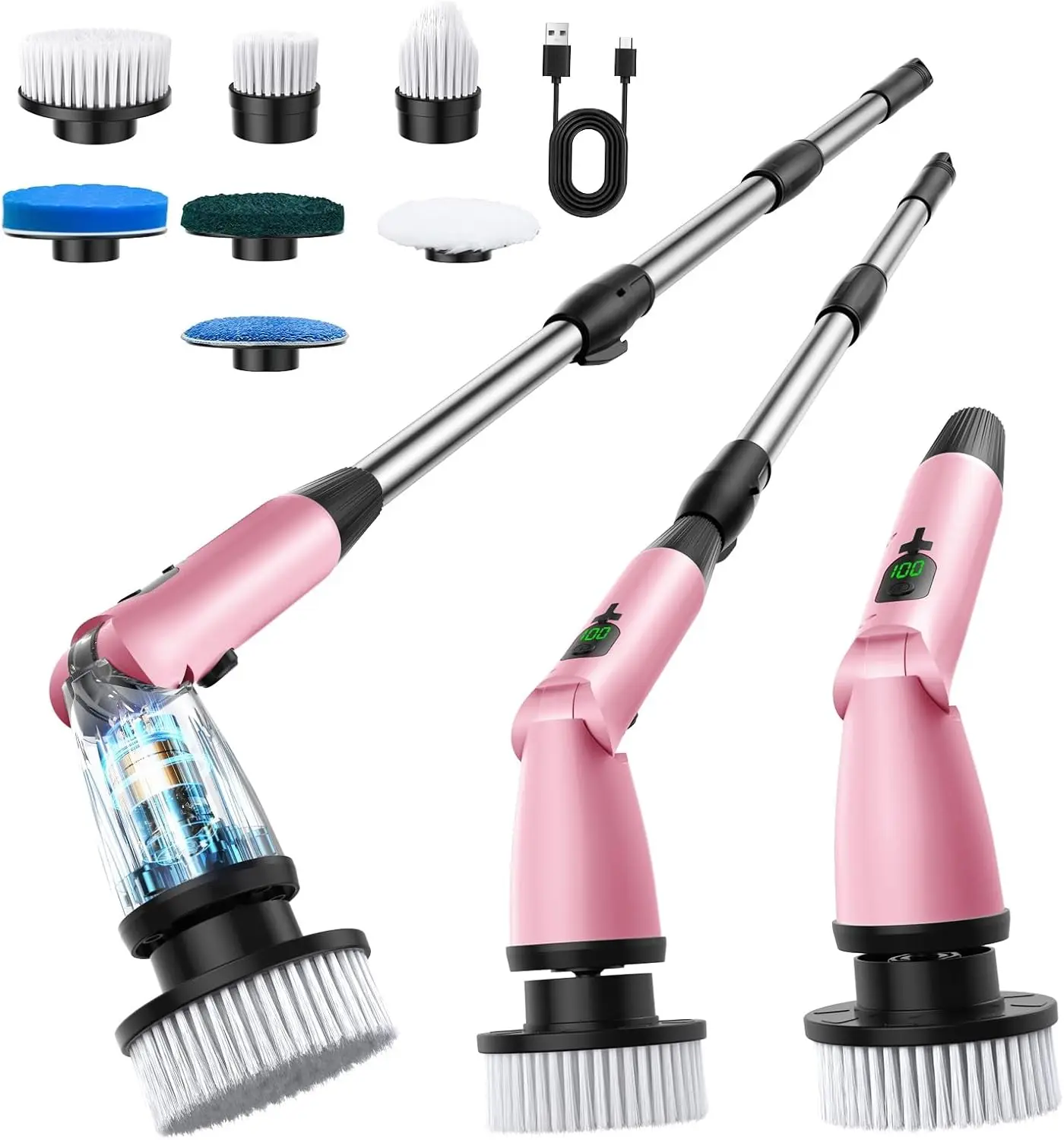 

Беспроводной электрический скруббер 11-в-1 со светодиодным дисплеем, 3 угла, 2 скорости, водонепроницаемая щетка для чистки душа с длинной ручкой