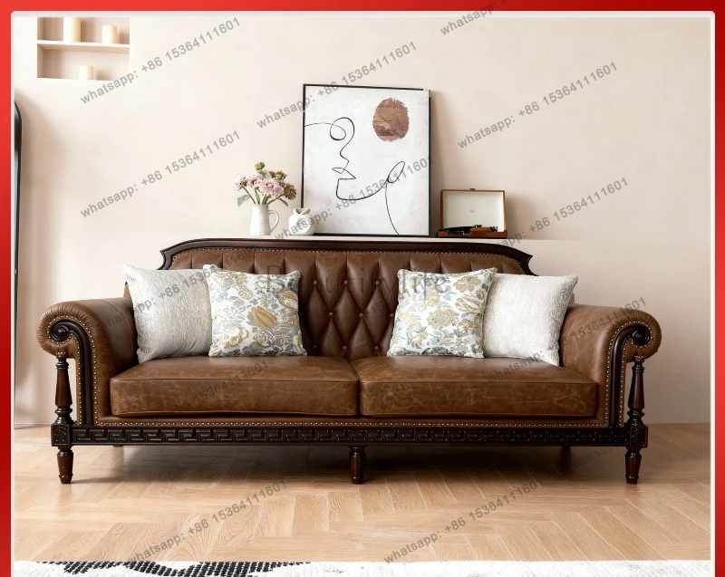 American medieval style retro style all solid wood leather sofa living room furniture three people