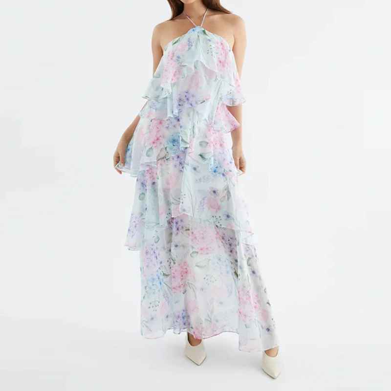 Vestido Longo Feminino de Festa com Estampa Poá, Ombro a Ombro, Vazado nas Costas, em Camadas, Casual, com Babados, para Verão e Praia