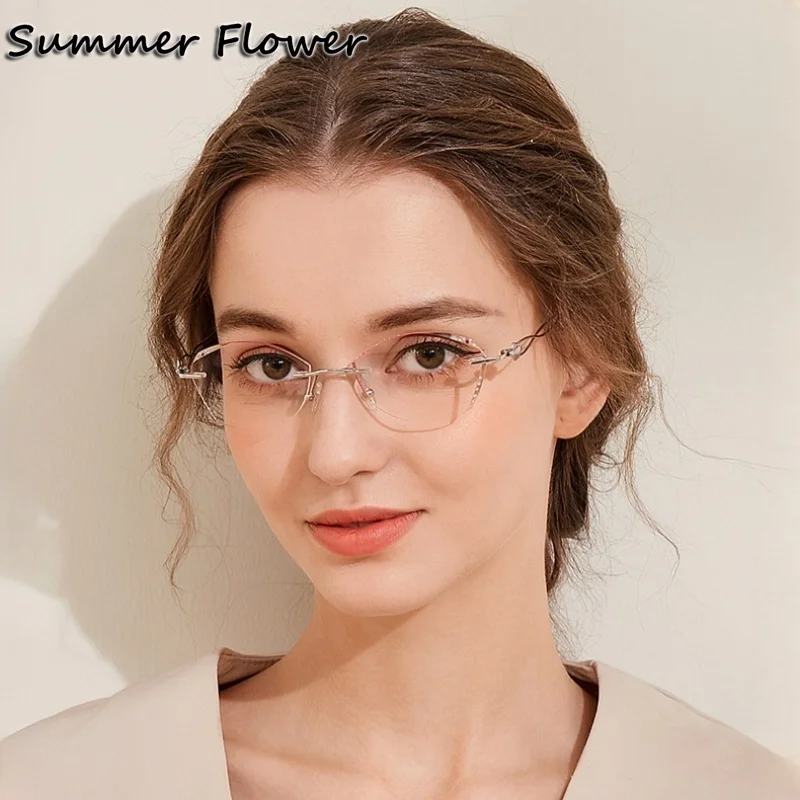 

Women Rimless Eyeglass Titanium Gray Red MR-8 Durable Lenses Elegant Prescription Sunglasses UV Protect Lady Diamonds Glasses