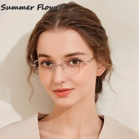 Women Rimless Eyeglass Titanium Gray Red MR-8 Durable Lenses Elegant Prescription Sunglasses UV Protect Lady Diamonds Glasses