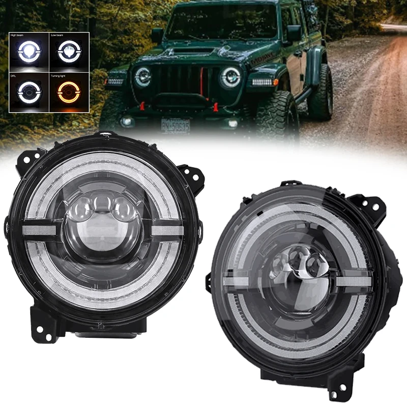 Brightest 9 inch 120W round led car headlight high low with 4lens in the middle & double halo rings for jeep wrangler jl 2018+