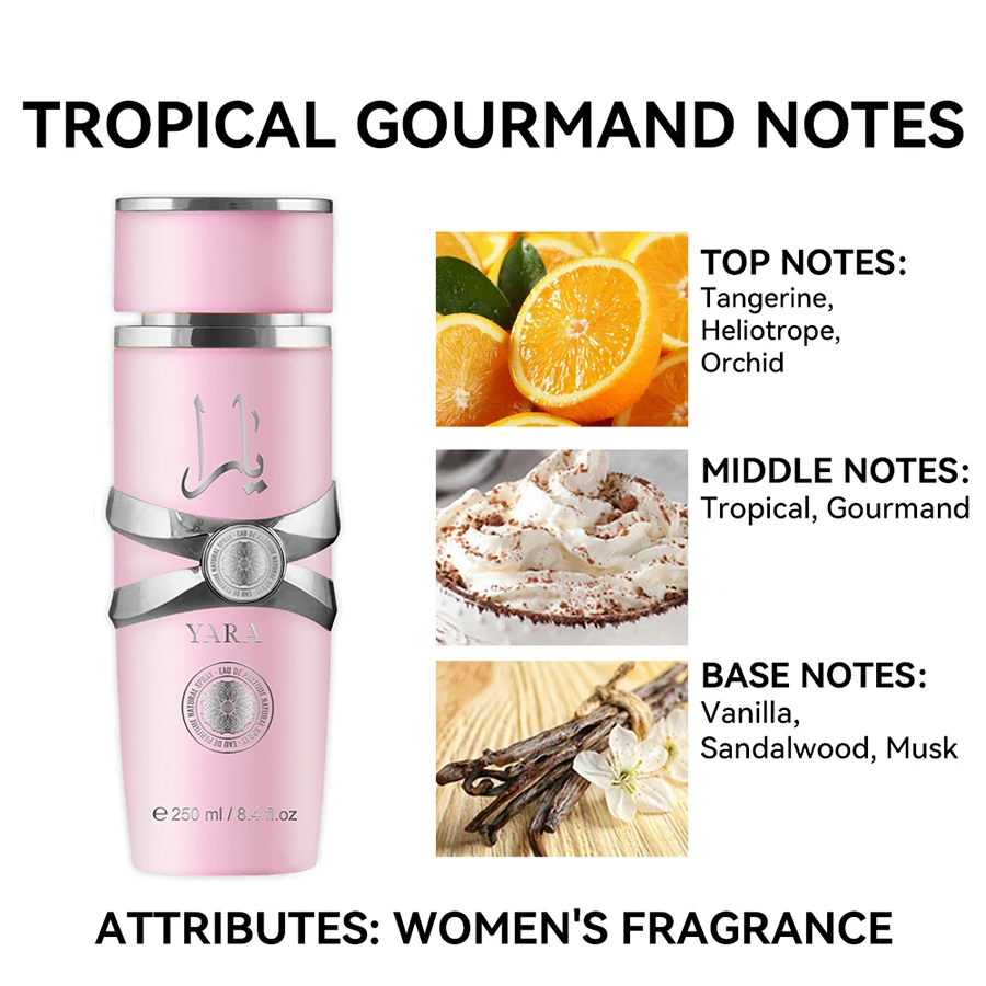 Perfume de longa duração Gourmand Fragrância para Mulheres, Eau de Parfum Spray, Presente de Perfumes Árabes, Amber Vanilla Yara, 8.4FL.OZ, 250ml