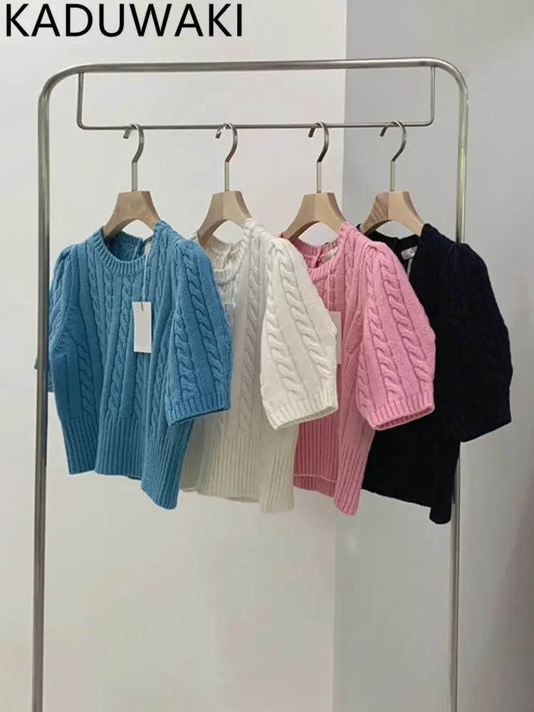 Korean Style O Neck Puff Sleeve Sweaters Women Spring Summer 2024 New Loose Causal Knitted Tops Vintage Elegant Sweet Jumper