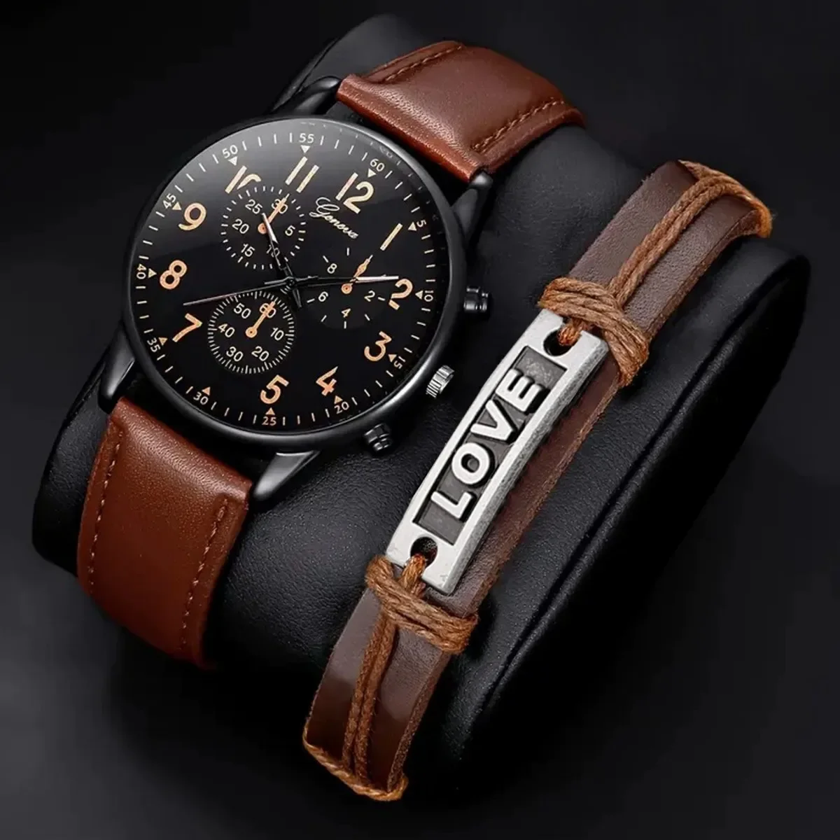 

Комплект из 2 предметов, мужские часы, модные деловые кварцевые наручные часы, коричневый ремешок из искусственной кожи и тканый браслет, мужские часы, подарочный набор