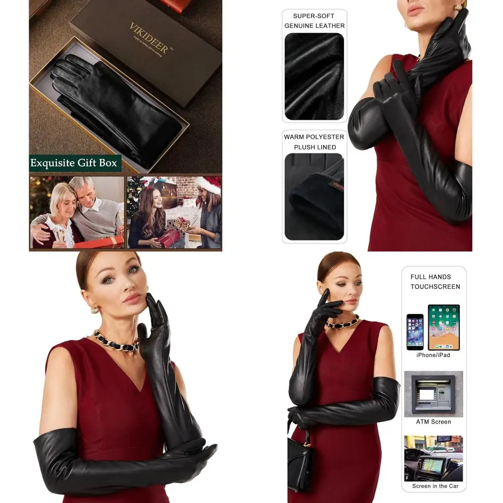 قفازات جلدية فاخرة مبطنة بالقطيفة مع شاشة لمس كاملة لملابس السهرة النسائية والمناسبات الفنية، 23.6 #1