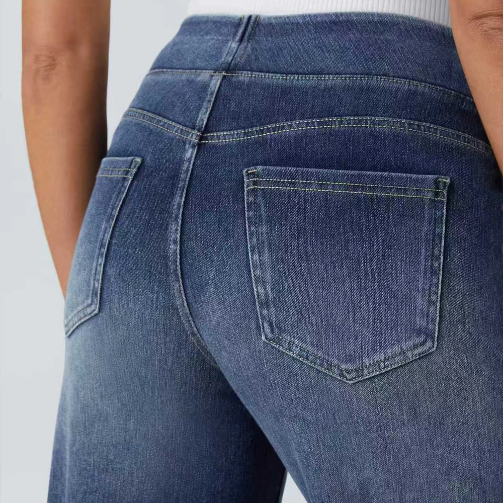 Shascullfites Damen-Jeans mit hoher Taille, dehnbar, dunkelblau, lässig, locker, weit geschnitten, Baggy-Jeans, dünne Schlagjeans – Detail 4
